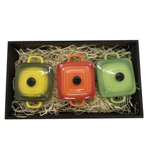 Panelinhas Amarela, Verde, Laranja de Porcelana com Bandeja rustica