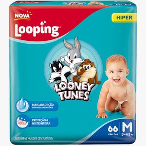 Fralda Descartável Baby Looney Tunes Hiper Tamanho M Pacote com 66 Unidades