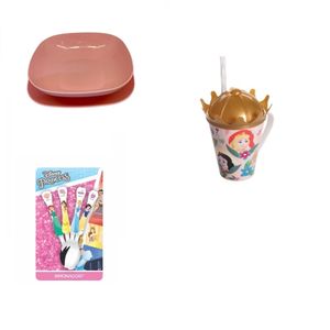 Conjunto pratos, 4 colheres, Caneca com canudo Princesas