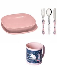 Conjunto refeicao Unicornio com faqueiro e caneca divertida