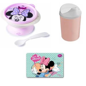 Tigelinha Minnie com copinho bico e colher e jogo americano