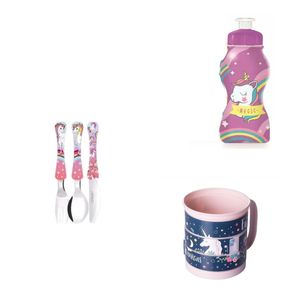 Conjunto Unicornio  faqueiro, garrafinha e caneca divertida