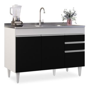Balcão Gabinete Para Pia 120cm sem Tampo 3 Portas 2 Gavetas Michigan Branco/Preto - Lumil