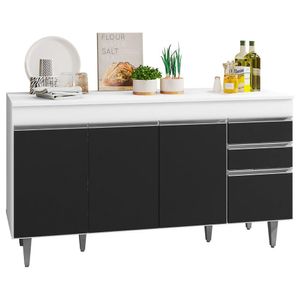 Balcão Gabinete Para Pia 150cm com Tampo 4 Portas 2 Gavetas Marrocos Branco/Preto - Lumil