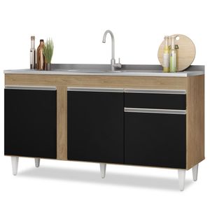 Balcão Gabinete Para Pia 150cm Sem Tampo 3 Portas 1 Gaveta Dakota Castanho/Preto - Lumil