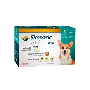 Antipulgas Simparic Zoetis 40mg com 3 Comprimidos para Cães 10,1 a 20 kg