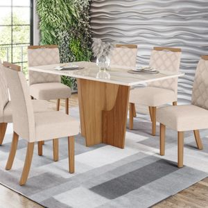 Conjunto de Mesa de Jantar Vértice com Tampo Amadeirado e 6 Cadeiras Nature e Off White - Henn