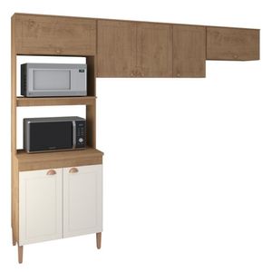 Cozinha Compacta Viena 7 Portas 2 Prateleiras Off White e Canelato - Atualle Móveis