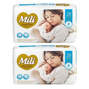 Fralda Descartável Mili   Love & Care  Linha Premiun   Tamanho P  2 Pacotes c/ 28 (total 56 fraldas)