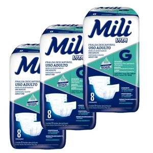 Fralda Geriátrica Adulto  Incontinência Mili Vita  Tamanho G  3 Pacotes c/ 8   (Total 24 Fraldas)