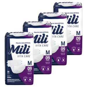 Fralda Geriátrica Adulto Mili Vita  Tam M   4 Pacotes com 9 fraldas   Total  36 fraldas com Super Gel