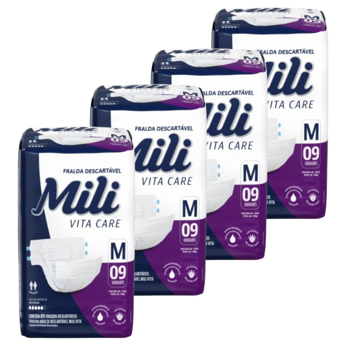 Fralda Geriátrica Adulto Mili Vita  Tam M   4 Pacotes com 9 fraldas   Total  36 fraldas com Super Gel