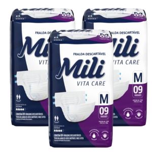 Fralda Geriátrica Adulto Mili Vita  Tam M   3 Pacotes com 9 fraldas   Total  27 fraldas com Super Gel