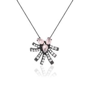 Colar Cristal Quartzo Rosa e zirconias em ródio negro semijoia