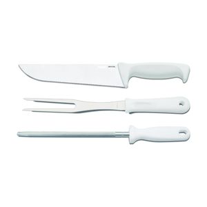 Kit Churrasco Brinox 3 peças -  faca, garfo trinchante e chaira - lâmina em aço inoxidável e cabo branco - Linha Precision Branco