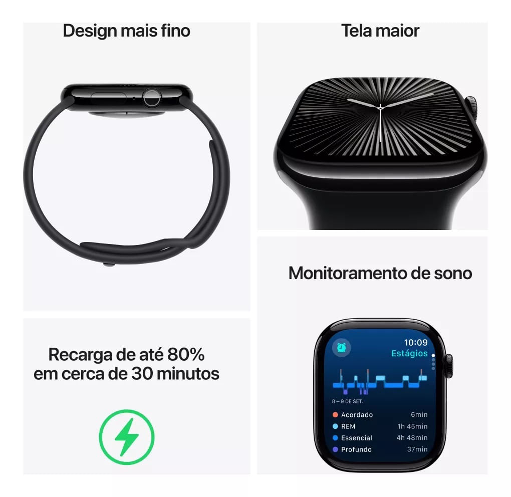 Apple Watch Series 10 (GPS 42 mm) Caixa Prateada em Alumínio com Pulseira Esportiva Azul (Denim)