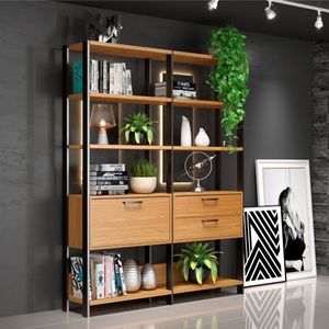 Estante para Livros  2 Gavetas 1 Porta Freijó/Preto Fosco 145 x 32 x 185 cm Dalla Costa E92