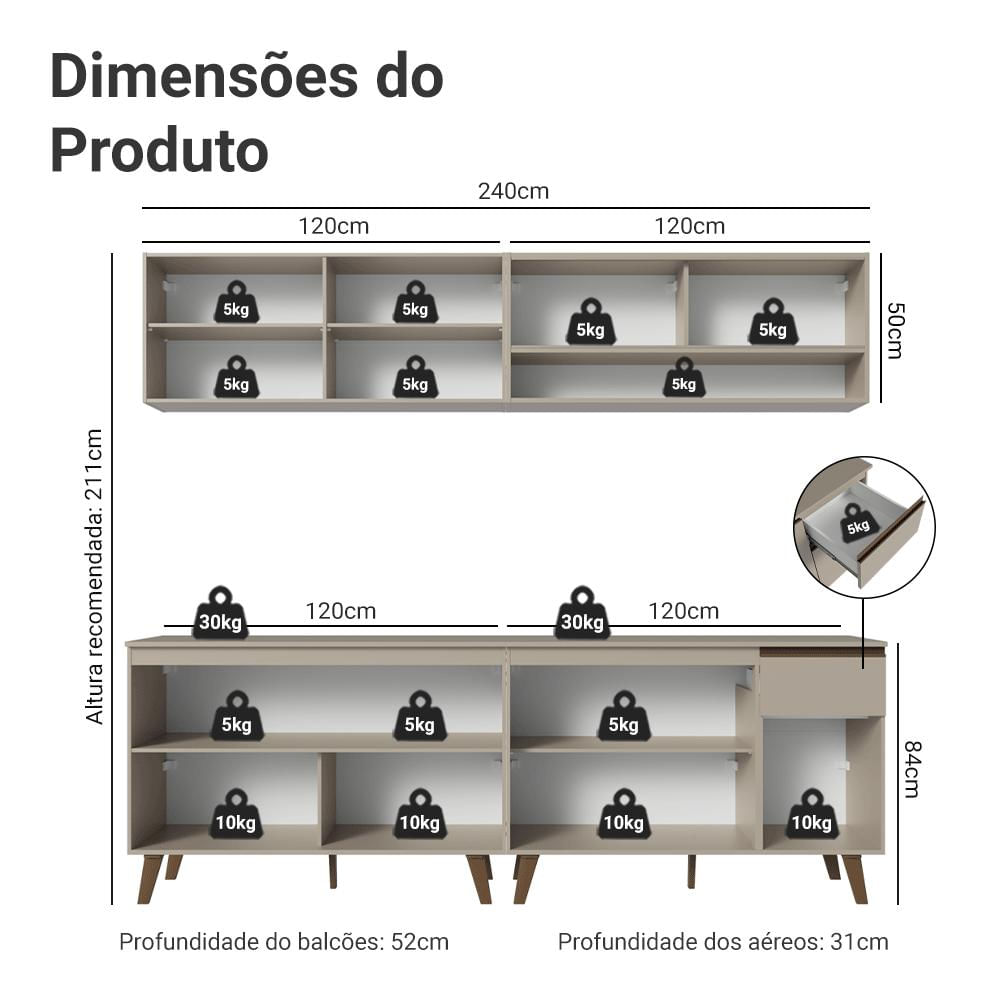 Armário de Cozinha Completa 240 cm Crema Nice Madesa 03 - Mateus On