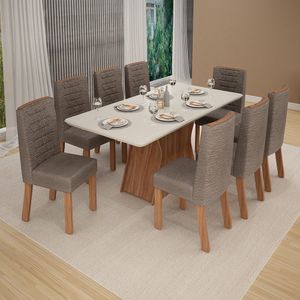 Conjunto de Mesa Tuboart Carol Amêndoa & Off White com 8 Cadeiras