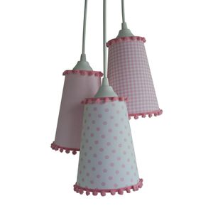 Lustre Pendente Luminária Teto Tecidos Rosa E Branco Com Pompom Bivolt