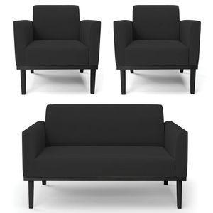 Sofá Namoradeira e 2 Poltronas Base Madeira Preto Maressa Veludo Preto - Ibiza