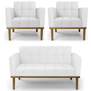 Sofá Namoradeira e 2 Poltronas Base Madeira Castanho Ana Sintético Branco - Ibiza