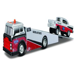 Miniatura Picape Reboque C/ Carro 1/64 Desing Elite Transport Ramp Truck + Crevrolet Bel Air Gasser 1957 Maisto 15055