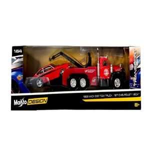 Miniatura Picape Reboque C/ Carro 1/64 Desing Elite Transport 1953 Mack B-61/ 1971 Chevrolet Vega Vm Maisto 15055