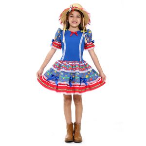 Fantasia Vestido Caipira Babados Luxo Azul com Chapéu - Festa Junina