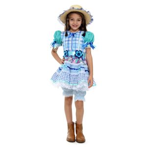 Fantasia Vestido Caipira Flor Azul com Culote e Chapéu Infantil - Festa Junina