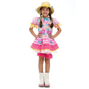 Fantasia Vestido Caipira Flor Rosa com Culote e Chapéu Infantil - Festa Junina