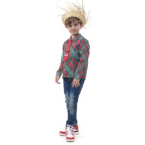Fantasia Bento Camisa Xadrez Verde com Gravata Vermelha e Chapéu - Festa Junina