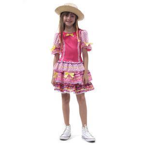 Fantasia Vestido Caipira Babados Luxo Rosa com Chapéu - Festa Junina