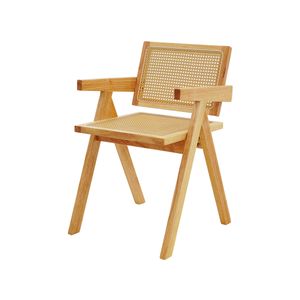 Cadeira Com Assento e Encosto em Rattan Natural e Base de Madeira