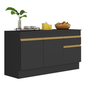 Balcão Cozinha com Rodapé Gabinete Pia 150 cm 3 Portas 1 Gaveta Veneza Multimóveis MP2107 Preto