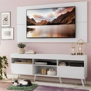 Rack com Painel e Suporte para TV até 65" Pés Retrô com 2 Portas Londres Multimóveis Branco