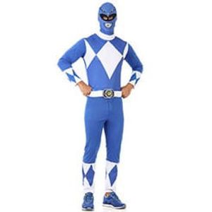 Fantasia Power Rangers Mighty Morphin Azul Adulto com Macacão, Máscara e Cinto