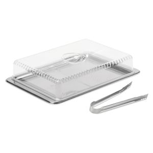 Kit Porta Frios Brinox 3 peças inox - empilhável (bandeja 27cm x 18,5cm / cúpula 23cm x 18cm x 5,8cm e pinça para frios - Linha Átina