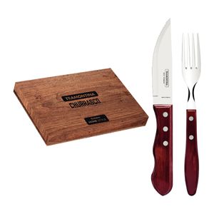 Jogo de Talheres para Churrasco Jumbo Tramontina Aço Inox e Cabos de Madeira Polywood Vermelho 8 Peças