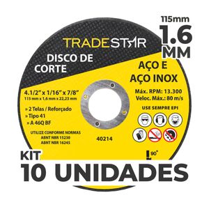 Kit c/ 10 Disco de Corte Metal 4.1/2" 115x1,6 mm