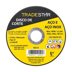 Disco Corte Fino Inox 4.1/2" 115x1,6 mm Esmerilhadeira Tradestar