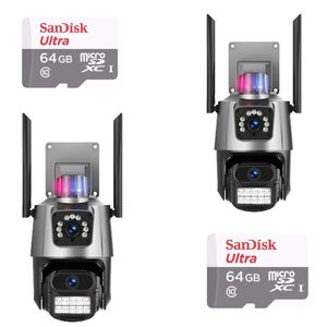 Kit 2 Câmera De Segurança Externa Lente Dupla 4k Led Sirene Policial Cartão 64gb