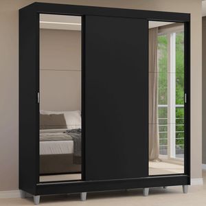 Guarda-Roupa Casal com Pés 3 Portas de Correr com Espelhos Preto Reno Madesa