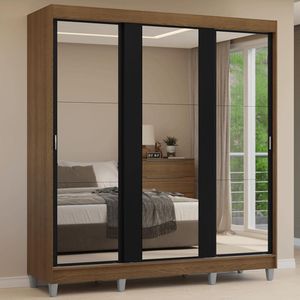 Guarda-Roupa Casal com Pés 3 Portas de Correr de Espelho Rustic/Preto Reno Madesa