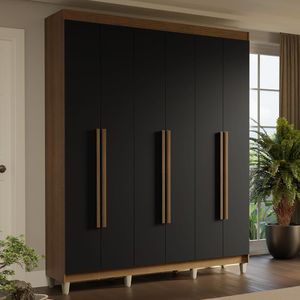 Guarda-Roupa Casal com Pés 6 Portas Batentes Rustic/Preto/Rustic Saturno Madesa