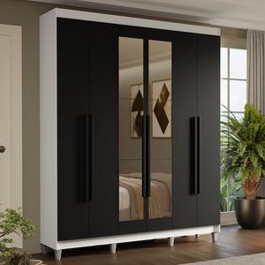 Guarda-Roupa Casal com Pés 6 Portas Batentes com Espelho Branco/Preto/Preto Saturno Madesa