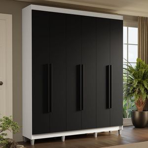 Guarda-Roupa Casal com Pés 6 Portas Batentes Branco/Preto/Preto Saturno Madesa