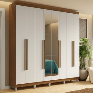 Guarda-Roupa Casal com Pés 8 Portas Batentes com Espelho Rustic/Branco/Rustic Saturno Madesa