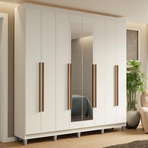 Guarda-Roupa Casal com Pés 8 Portas Batentes com Espelho Branco/Branco/Rustic Saturno Madesa