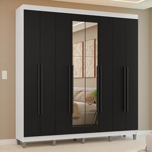 Guarda-Roupa Casal com Pés 8 Portas Batentes com Espelho Branco/Preto/Preto Venus Madesa